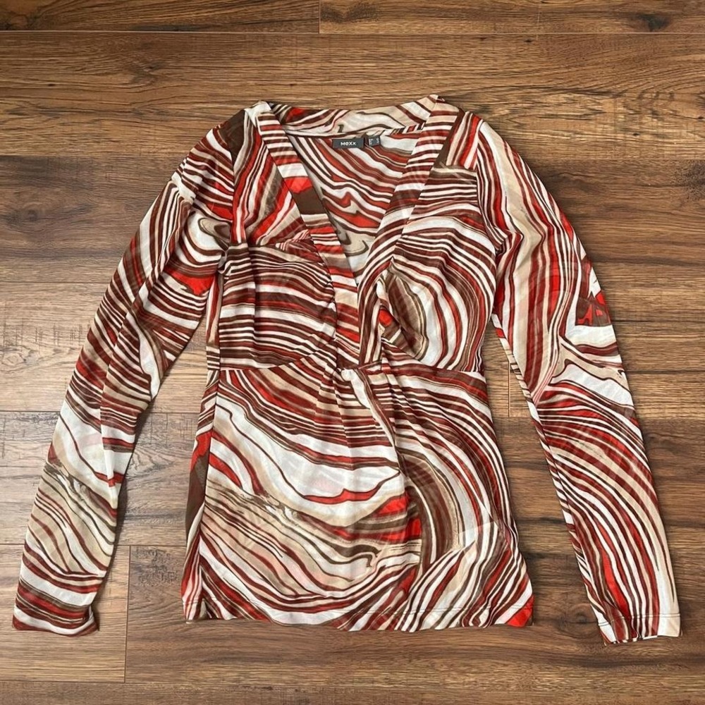 Mexx Y2K Red Brown Abstract Blouse‎ Mesh Retro Women Small 2000s Going Out Top